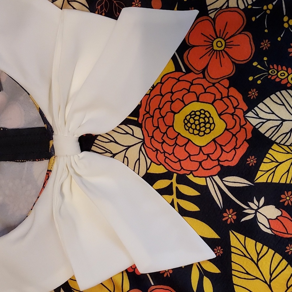 Unique Vintage Smak Parlour Retro Multicolored Floral Bow Collar Mini Dress L - Picture 5 of 8